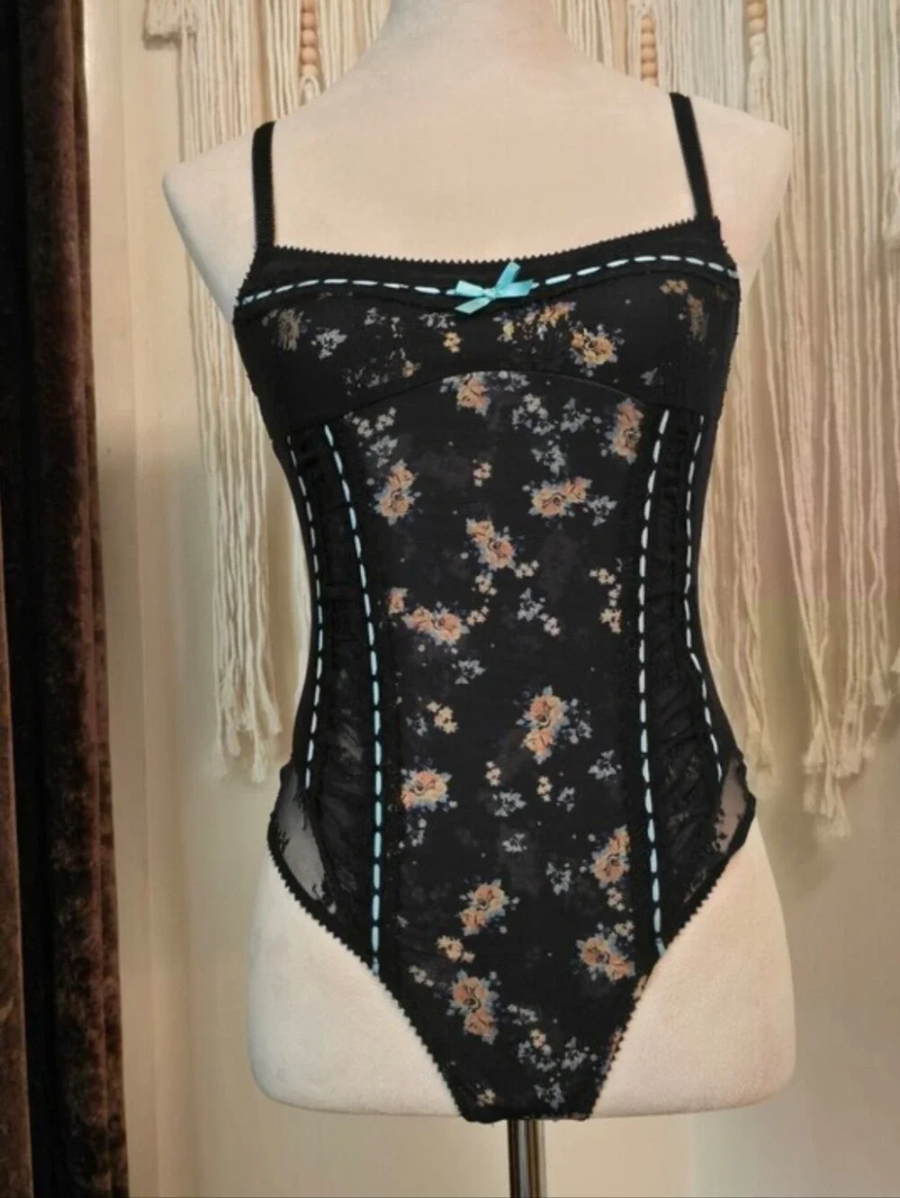 Free People Black Floral Lace Bodysuit with Blue Trim